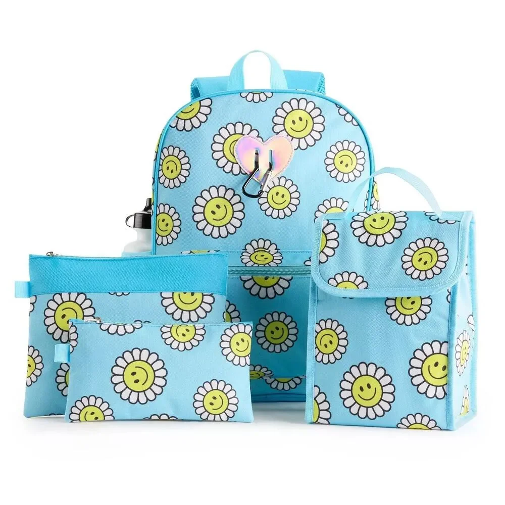 Smiley Face Sunflower 6-Piece Backpack Set-School Backpack-‎ Lunch Bag NEW